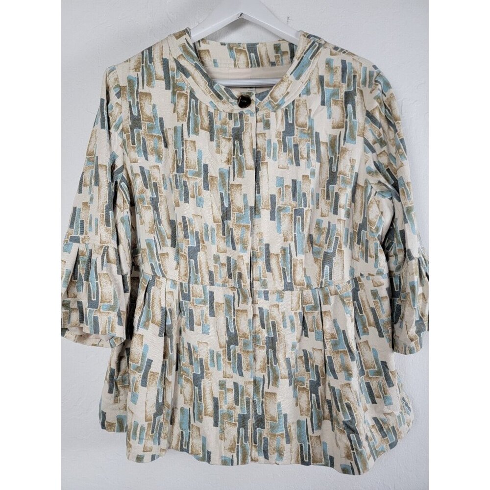 J. Jill Womens Size 2X Ivory Blue Print 100% Silk Peplum Jacket 3/4 Sleeve Lined